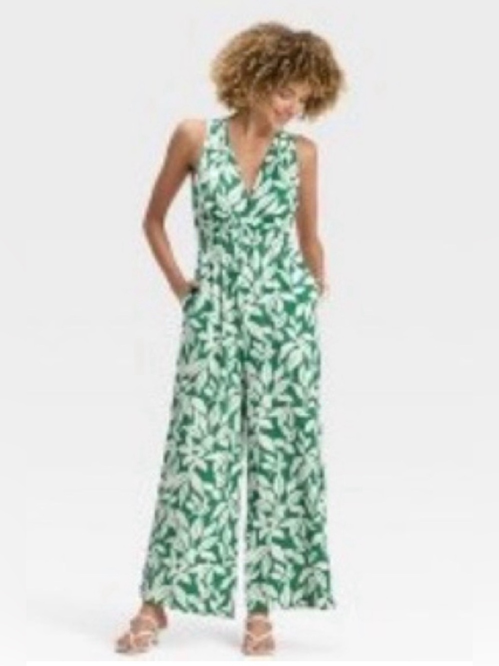 a new day Green and White Leaf-Print Wide-Leg Jumpsuit